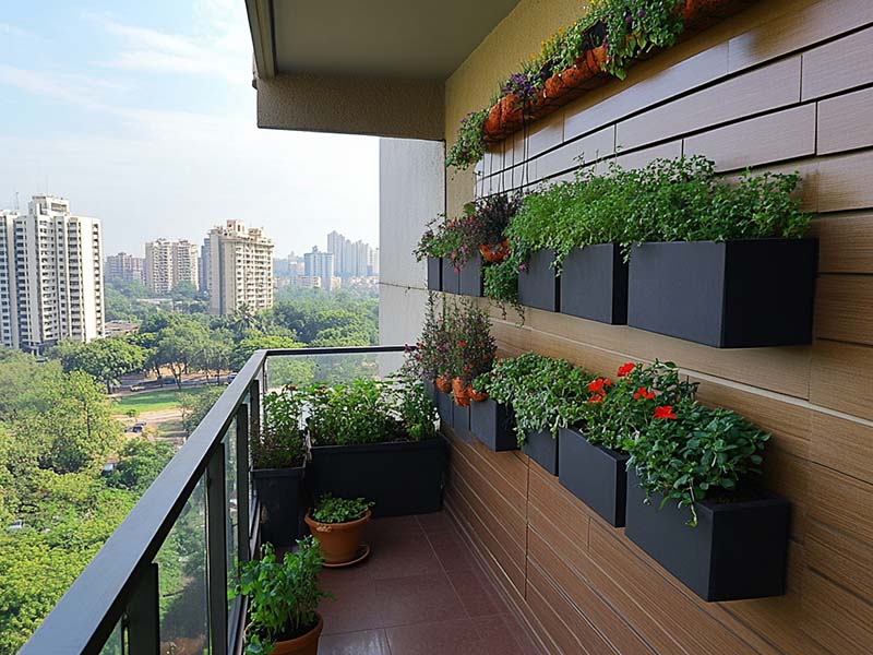 Herbs growing in planters on a balcony