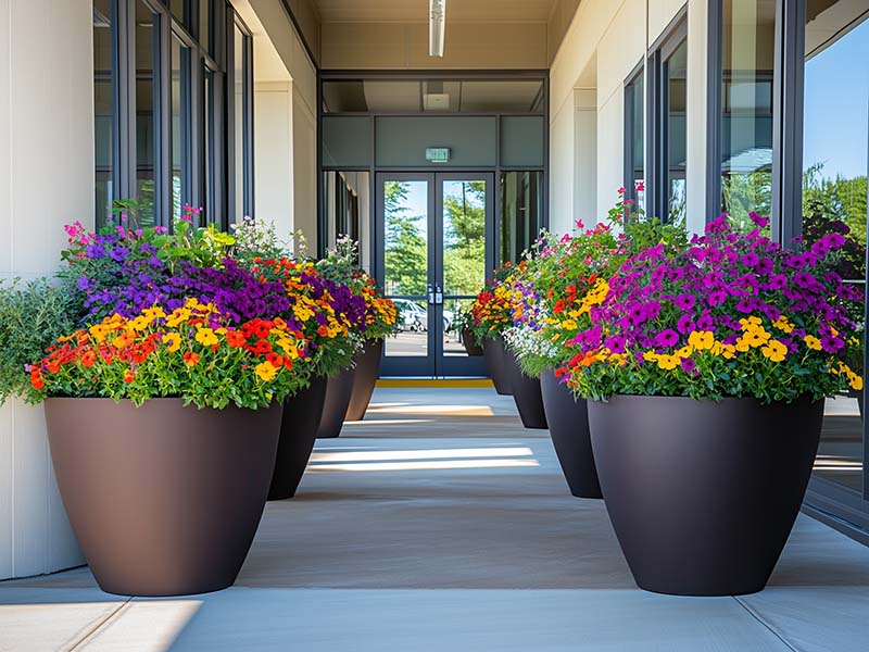 Planters enhancing a building entrance