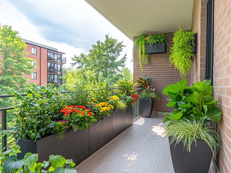 Urban balcony transformed with planters