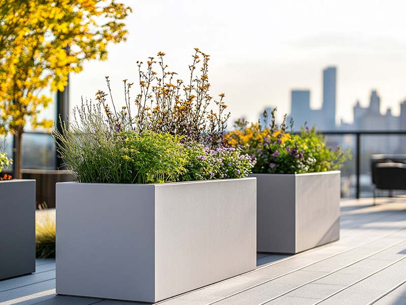 Fiberglass planters on a rooftop garden