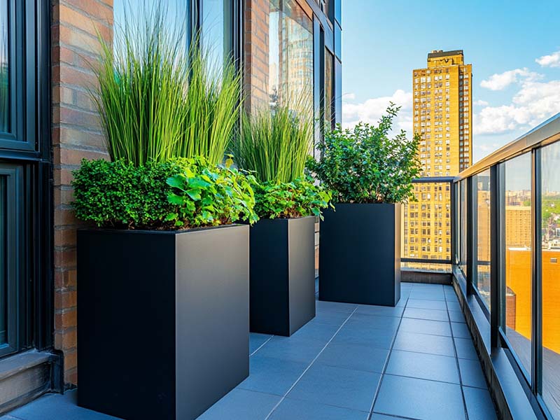 Tall planters on a balcony maximizing vertical space