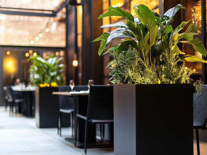 Tall planters creating privacy in a restaurant patio